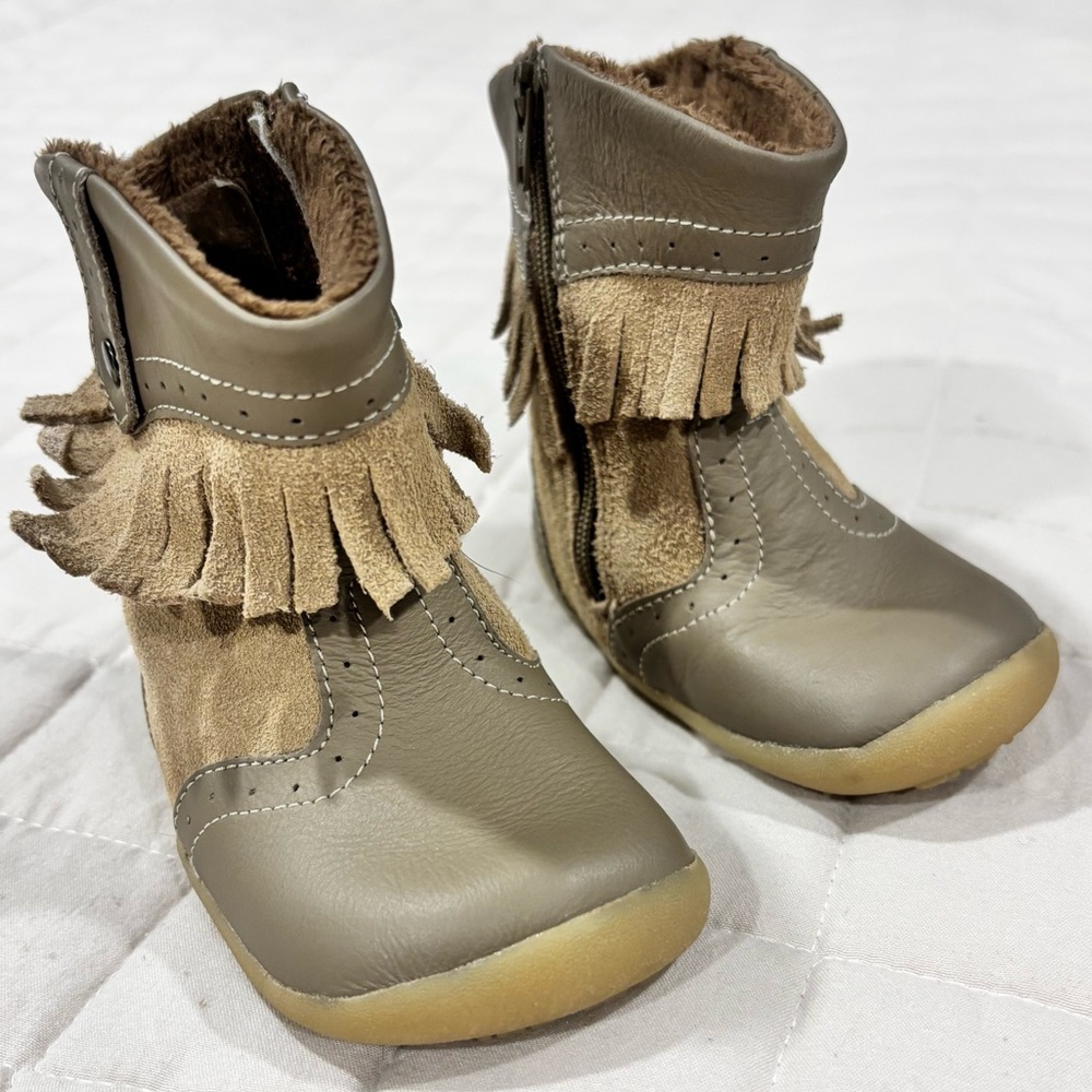 Bobux i-Walk Brown Leather Fringe Cowboy Boots Baby US3 Side Zip Western